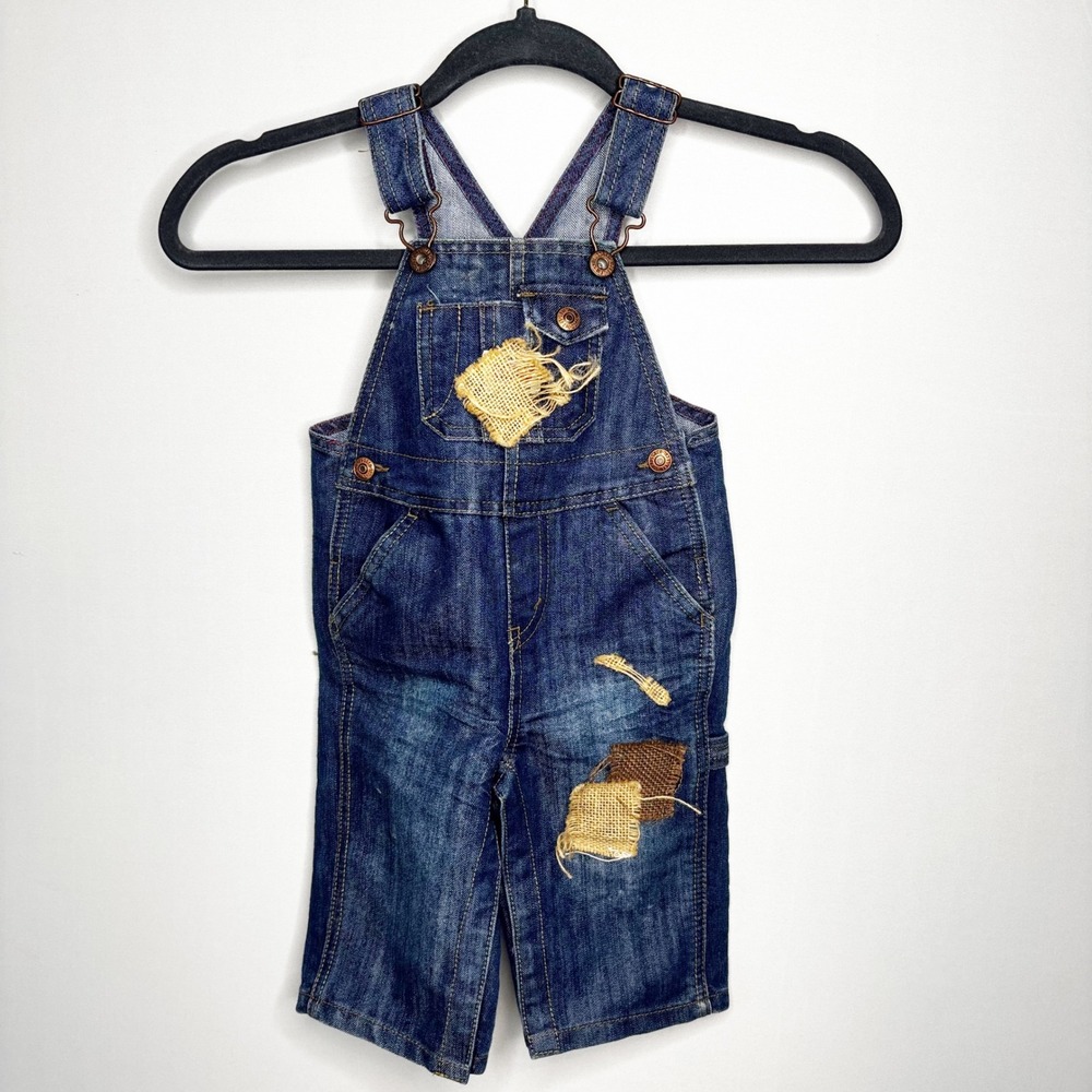 Levis Baby Denim Overalls 12M Blue Distressed Burlap Patches Shortall